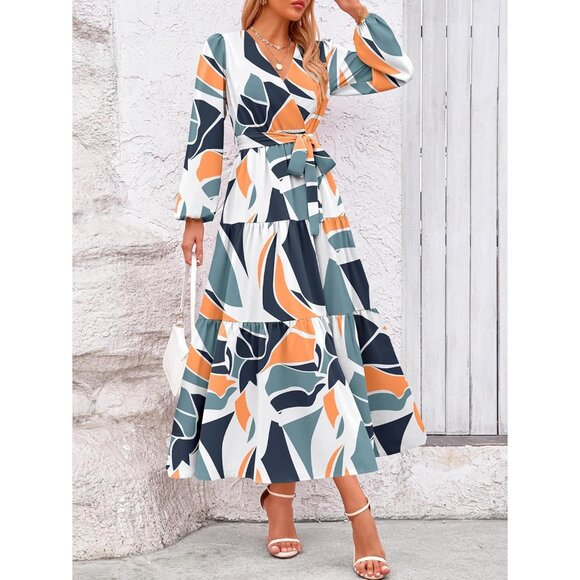 PrettyGarden Women Navy Geometry Polyester V Neck Long Sleeve Floral Maxi Dress - Picture 4 of 5